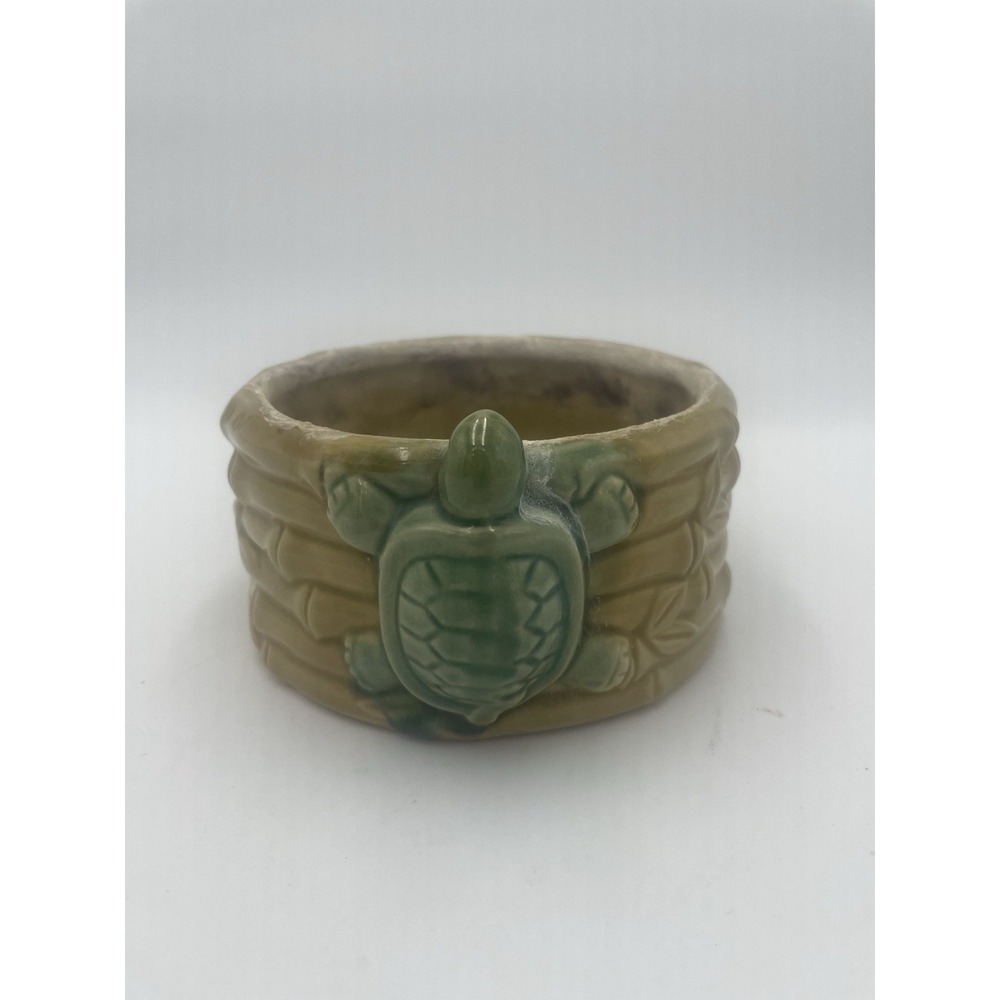 Vintage Ceramic Costa Farms Lucky Bambo & Turtle Planter Dish Tan and Green 5" D - Picture 2 of 8